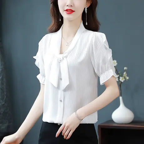 2023夏季新款条纹真丝衬衫女短袖蝴蝶结v领雪纺衬衣高级感女上衣图片