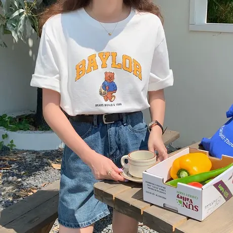 白色短袖t恤女2023年夏季新款小熊印花宽松纯棉质感半袖上衣ins潮商品大图