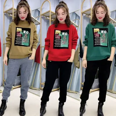 加绒字母印花卫衣+大口袋加绒卫裤两件套小个子减龄卫衣套装显瘦商品大图