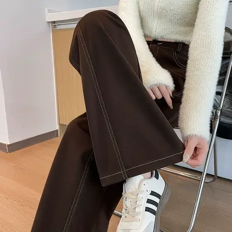 咖啡色欧货毛呢镰刀裤女2024流行新款秋冬季高腰休闲窄版阔腿裤子图片