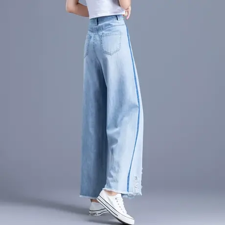 高腰牛仔裤女夏季薄款阔腿裤女2024年新款破洞直筒裤九分裤小个子商品大图