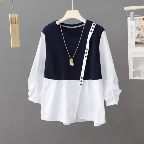 2024年春季新款洋气女装显瘦假两件t恤女七分袖拼色上衣宽松女装商品大图