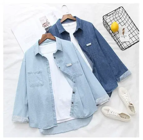 2019春新款港味复古水洗浅色牛仔衬衫女长袖韩版宽松学生衬衣外套图片