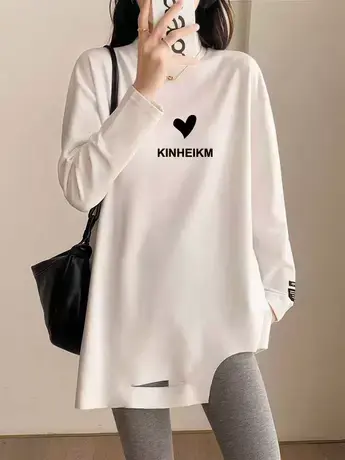 中长款长袖t恤女秋冬半高领双面德绒卫衣内搭白色印花打底衫上衣图片