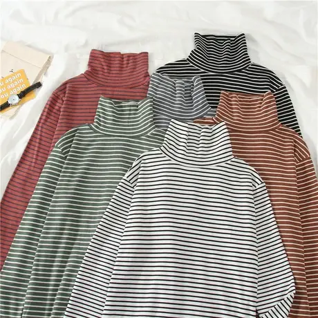 长袖T恤女2023年秋季新款春秋百搭修身半高领条纹打底衫内搭上衣商品大图