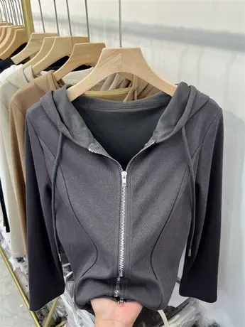 连帽拉链针织开衫运动风修身上衣小衫女2023秋新款螺纹休闲打底衫商品大图