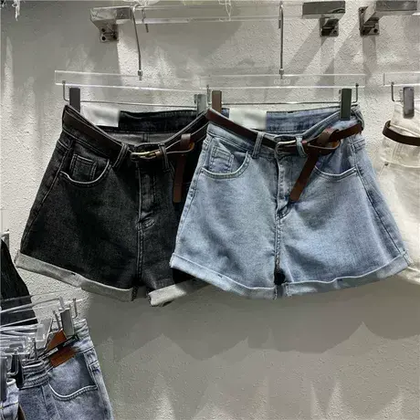 超火宽松卷边阔腿裤子女2023夏季新品韩版百搭学生牛仔短裤商品大图