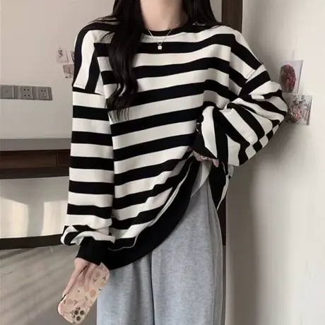 ins超火圆领条纹卫衣女秋冬季韩版宽松显瘦加绒上衣外套bf慵懒风商品大图