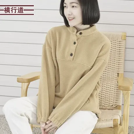 2024春季新款纯色简约立领宽松加绒长袖卫衣女装保暖上衣大码外穿商品大图