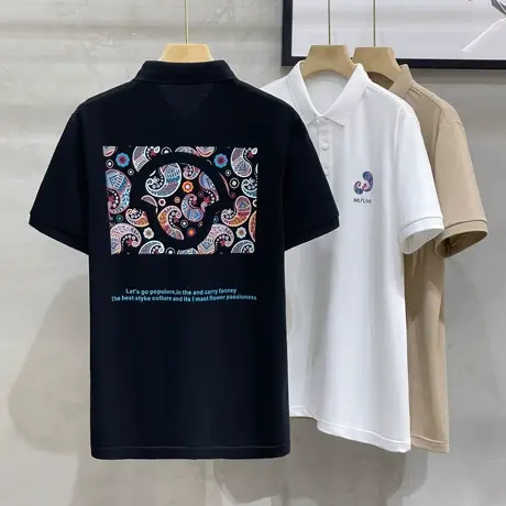 美式休闲冰丝polo衫男夏季欧美潮牌翻领短袖t恤印花白色有领体恤商品大图