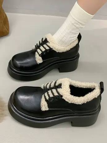 厚底乐福鞋女2023冬季加绒小皮鞋女百搭棉鞋爆款英伦风单鞋毛毛鞋图片