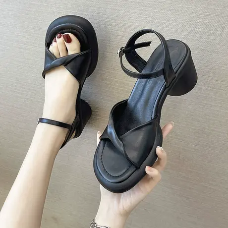 永希女鞋中跟粗跟罗马鞋女夏季2024年新款仙女风一字带高跟凉鞋女商品大图