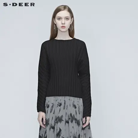 sdeer圣迪奥女装春装圆领肌理褶皱落肩宽松黑色长袖衬衫S20380522图片