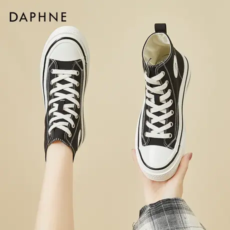 达芙妮黑色高帮帆布鞋女2022年新款小白鞋厚底增高运动鞋休闲板鞋商品大图