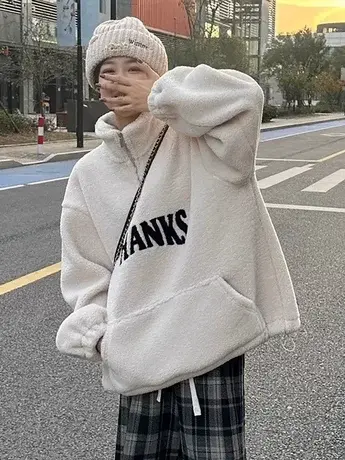 2023冬季立领宽松刺绣加绒加厚羊羔毛外套半拉链羊羔绒卫衣ins女商品大图