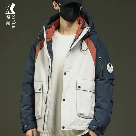 希越美式工装连帽羽绒服男冬季新国标白鸭绒外套宽松大码男士夹克商品大图