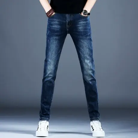 2023冬季男士新款牛仔裤男潮牌简约蓝色修身美式刺绣小脚长裤男款商品大图