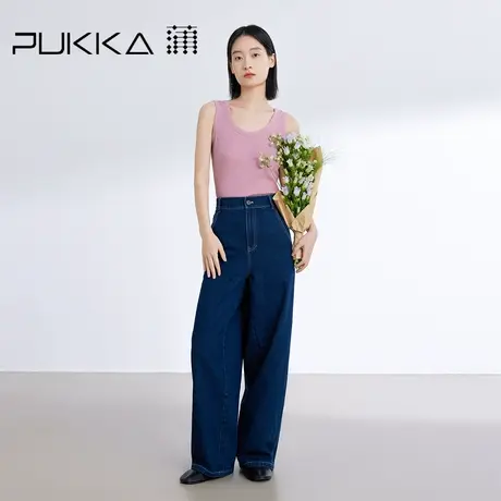 蒲PUKKA 复古风牛仔裤女春装新款宽松百搭橡筋松紧腰长裤图片