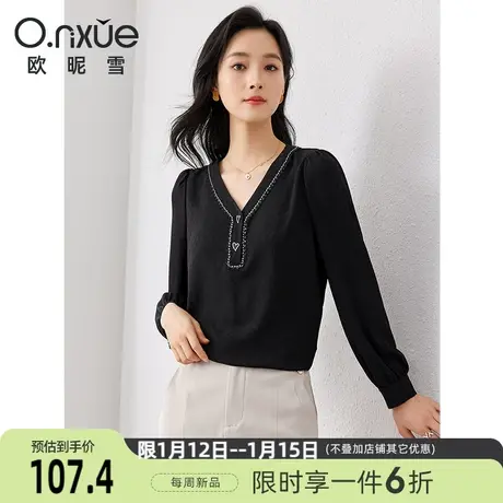 欧昵雪2024春季新款气质V领黑色衬衫女长袖宽松小众衬衣套头上衣商品大图