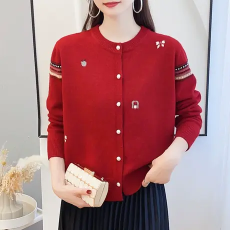 2025春装新款红色毛衣女冬季圆领针织开衫外套小香风爆款外套上衣商品大图