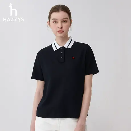 Hazzys哈吉斯2024春夏季新品宽松版撞色polo衫短袖t恤纯棉体恤女图片