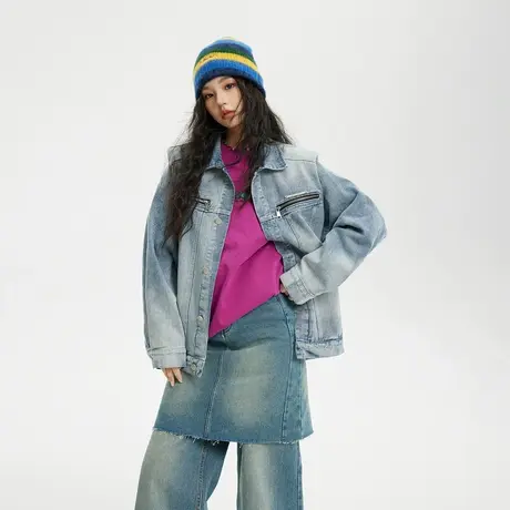 美式复古潮牌垫肩牛仔外套女春季2024新款做旧情侣装宽松夹克上衣商品大图