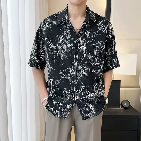 短袖衬衫男夏季新款潮牌竹子国风扎染设计感ins半袖衬衣垂感宽松商品大图