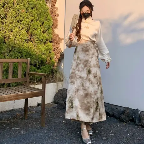 中国风水墨画复古半身裙女春夏2024新款不规则中长一步a字直筒裙图片