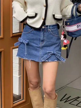 韩国东大门2024春季新款蝴蝶结毛边高腰洋气百搭牛仔短裤女热裤夏图片