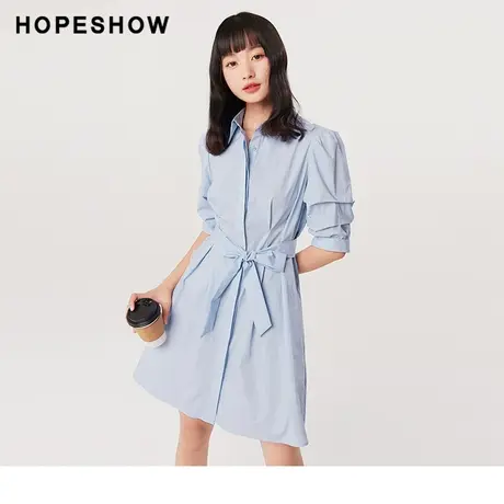红袖单排扣收腰方领衬衫裙hopeshow2024夏季新款中袖轻薄连衣裙图片