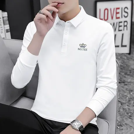 珠地棉白色polo衫男长袖翻领t恤保罗带领打底衫潮流皇冠印花秋衣商品大图