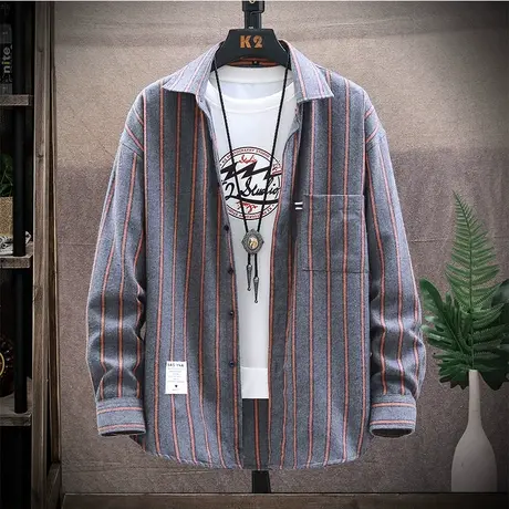 条纹衬衣格子帅气外套上衣服2023春秋季新款男士韩版潮流长袖衬衫商品大图