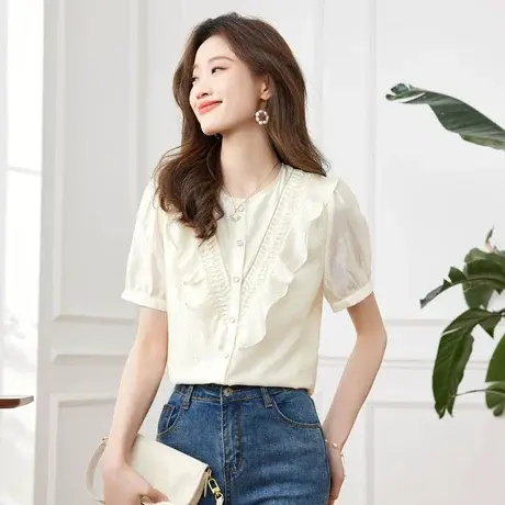 时尚天丝短袖衬衫2023年夏季新款淑女温柔甜美圆领显瘦通勤上衣商品大图
