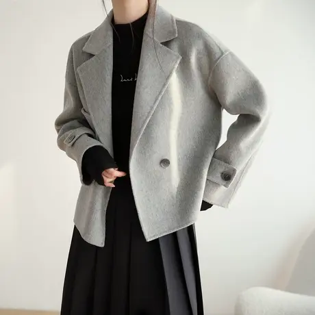 嘉茱莉2022秋冬新款小个子毛呢西装外套女韩系短款羊毛双面呢大衣商品大图