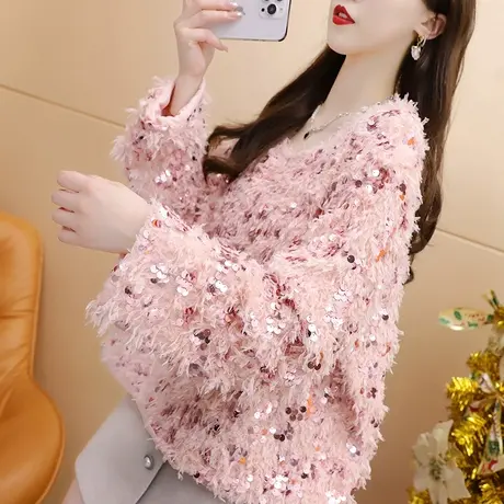 减10】网红亮闪闪毛衣女2023新款早秋洋气减龄宽松设计感针织上衣图片