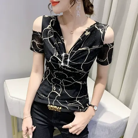 女装2023新款潮性感漏肩V领T恤女短袖夏时尚印花上衣洋气网纱小衫商品大图