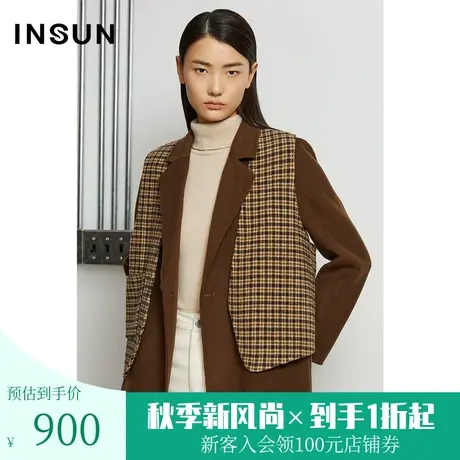 恩裳冬季复古气质深咖色商务通勤OL西装毛呢外套图片