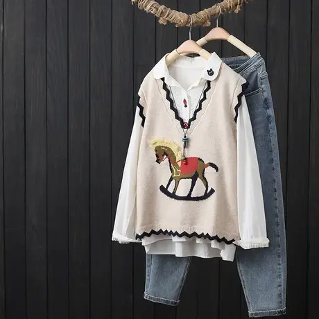 针织马甲女V领短款坎肩宽松背心2023年秋季新款马夹外穿无袖毛衣商品大图