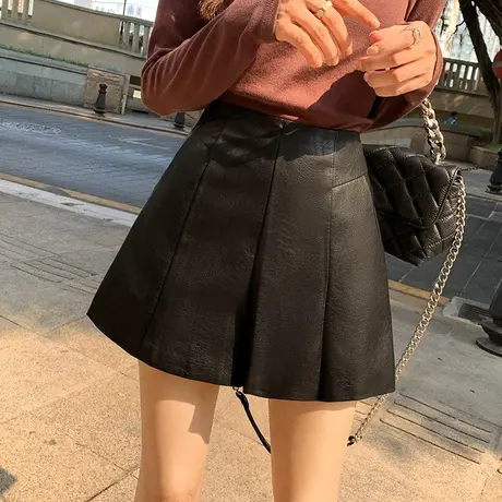 皮短裤女2022新款高腰设计感秋冬装a字高腰休闲阔腿裤时尚百搭裤商品大图