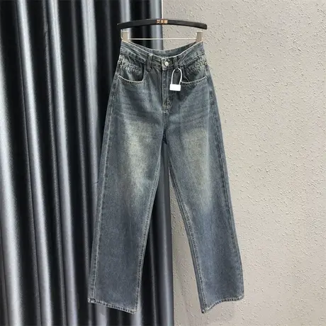 复古简约休闲牛仔阔腿裤女士2023秋季新款高腰显瘦直筒拖地裤长裤图片