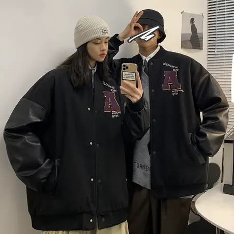 hiphop高街外套女2021春秋上衣开衫美式复古夹克情侣棒球服ins潮图片