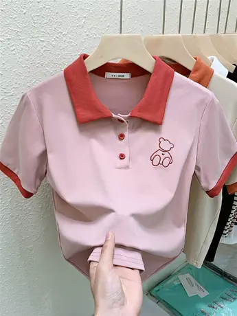 polo领短袖t恤女夏季2022年新款短款设计感小众刺绣翻领百搭上衣商品大图