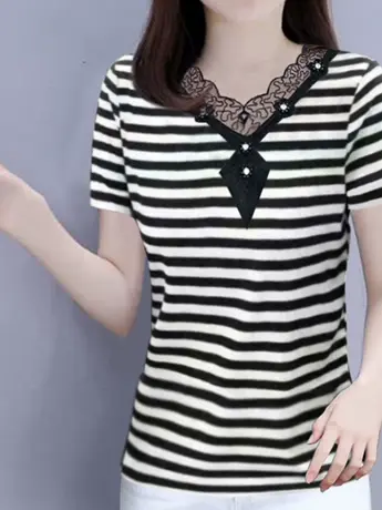 中老年人妈妈仿棉t恤短袖女士2023夏季宽松半袖体恤大码条纹上衣图片