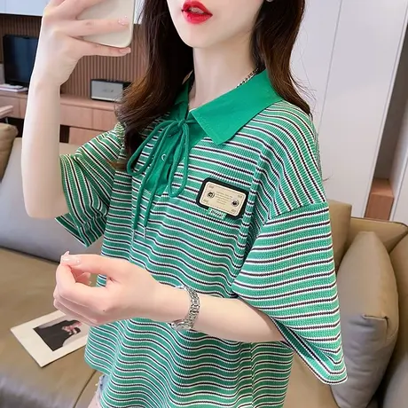 小众设计感短袖t恤女夏季韩版宽松大码纯棉条纹polo领短款上衣服商品大图