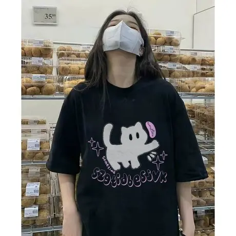 纯棉设计感黑色短袖t恤女夏季新款美式小众宽松半袖大码上衣体恤商品大图