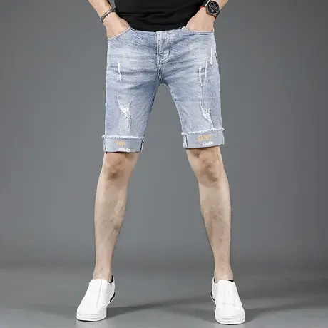 破洞牛仔短裤男款2023新款夏季蓝色修身弹力时尚潮牌五分薄款裤子商品大图