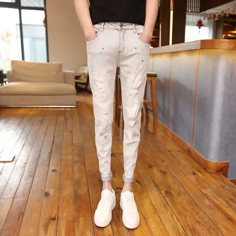 2023潮牌破洞油漆小脚裤韩版修身铅笔牛仔裤男青年浅色弹力长裤商品大图