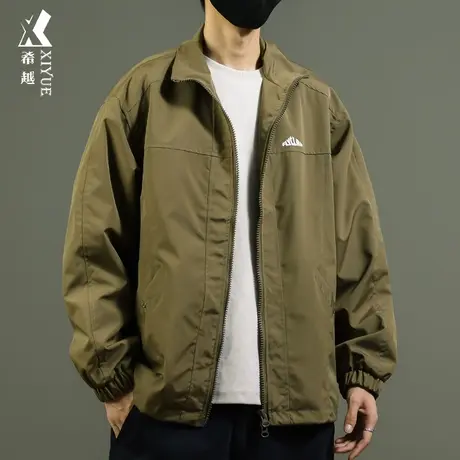 韩版简约拼接工装夹克男咖色冲锋衣2023春秋新款宽松大码立领外套商品大图