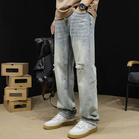 破洞直筒牛仔裤男宽松潮牌阔腿春秋美式复古高街男款大码裤子新款图片