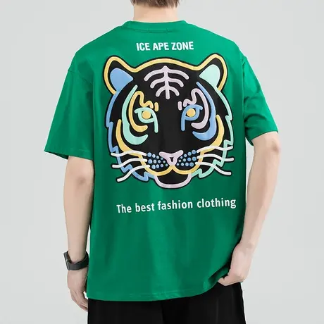 夏季薄款潮牌虎头印花圆领半袖男士短袖T恤纯棉全棉衣服上装宽松商品大图